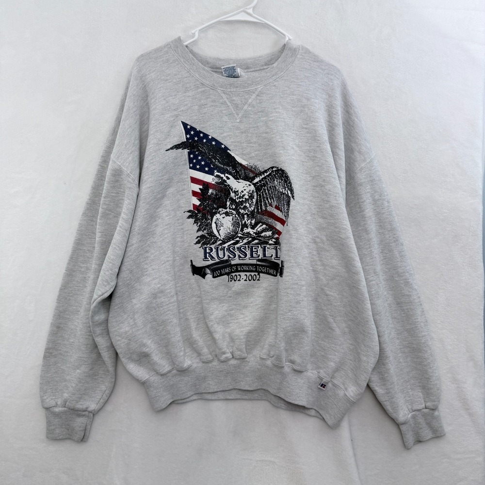 Vintage Russell Sweatshirt Mens 2XL Gray 100th Year Anniversary USA Flag eagle
